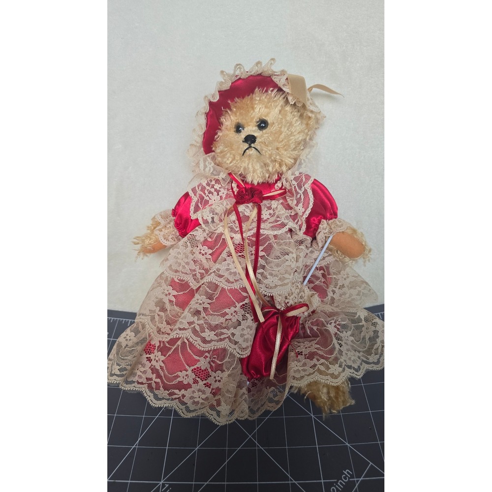 MTY International Victorian Teddy Bear Red Satin Lace Dress Bonnet Parasol 12"